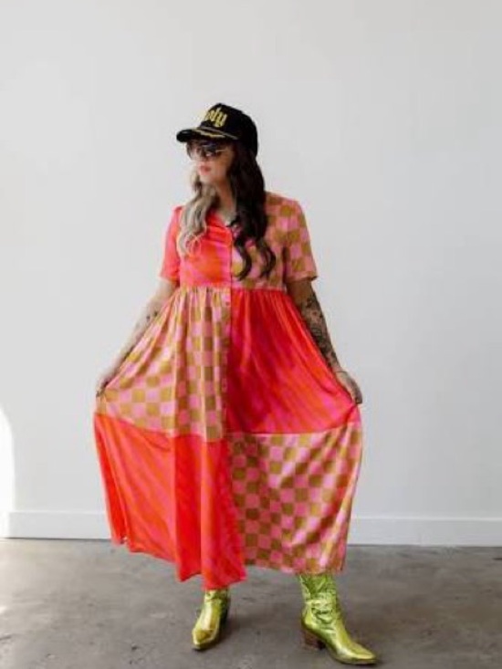 Emy Ave Dresses & Skirts - Emy Ave Wild Child Dress - Pink & Orange Satin Multi-Print - Sz S/M Hippie Boho